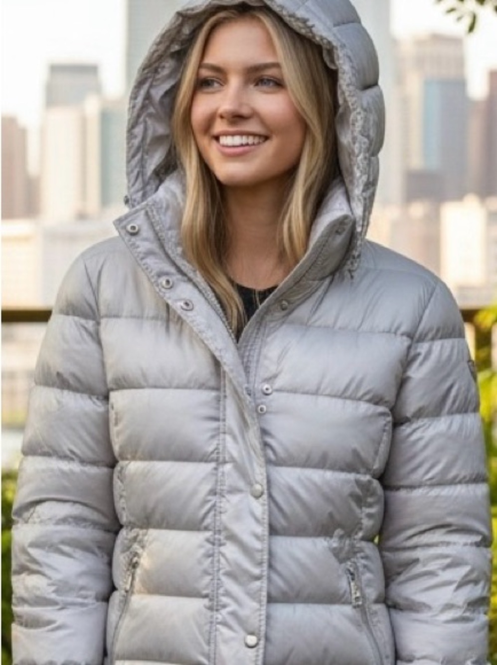 Guess Hooded Light Gray Silver Puffer Jacket S/C/P 18”x 24” length